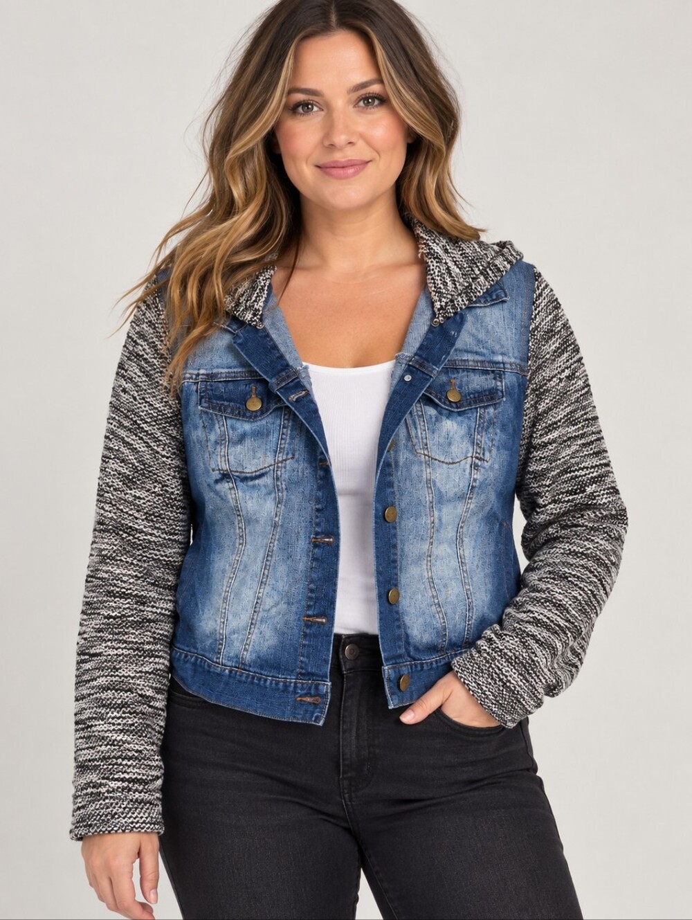 Jessica Simpson Blue Denim Jacket with Gray Knit Hood & Sleeves